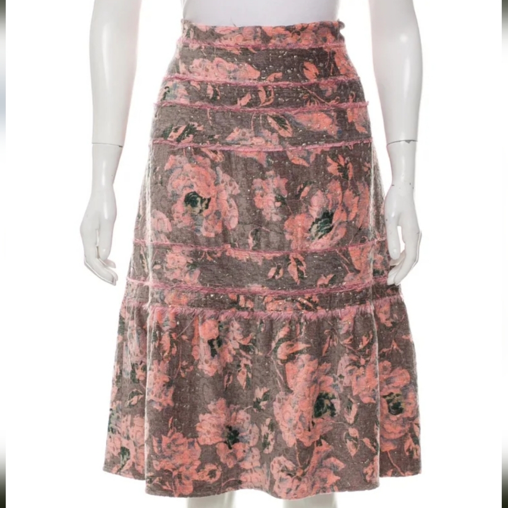 TULEH tiered floral velvet midi skirt, size 10 mauve pink, mocha brown